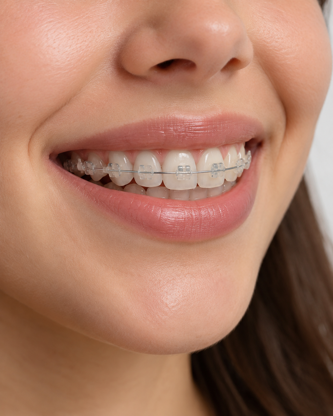 Sorriso com aparelho fixo estético