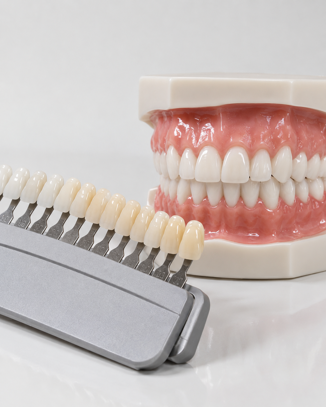 Escala de cores odontológica ao lado de um modelo