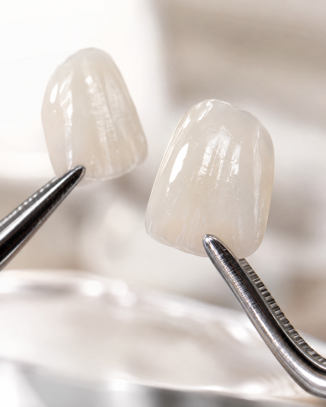 Lâminas de facetas de porcelana seguradas por pinça odontológica