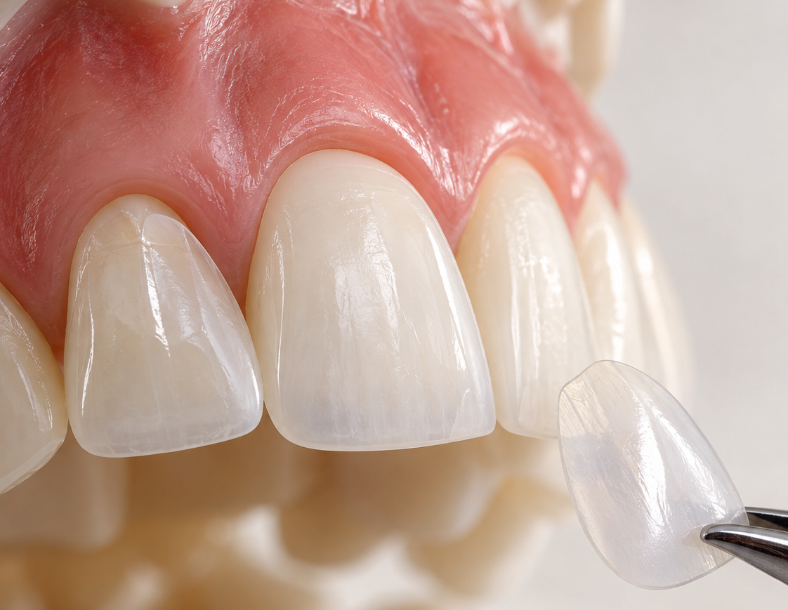 Aplicação de uma lâmina de porcelana nos dentes