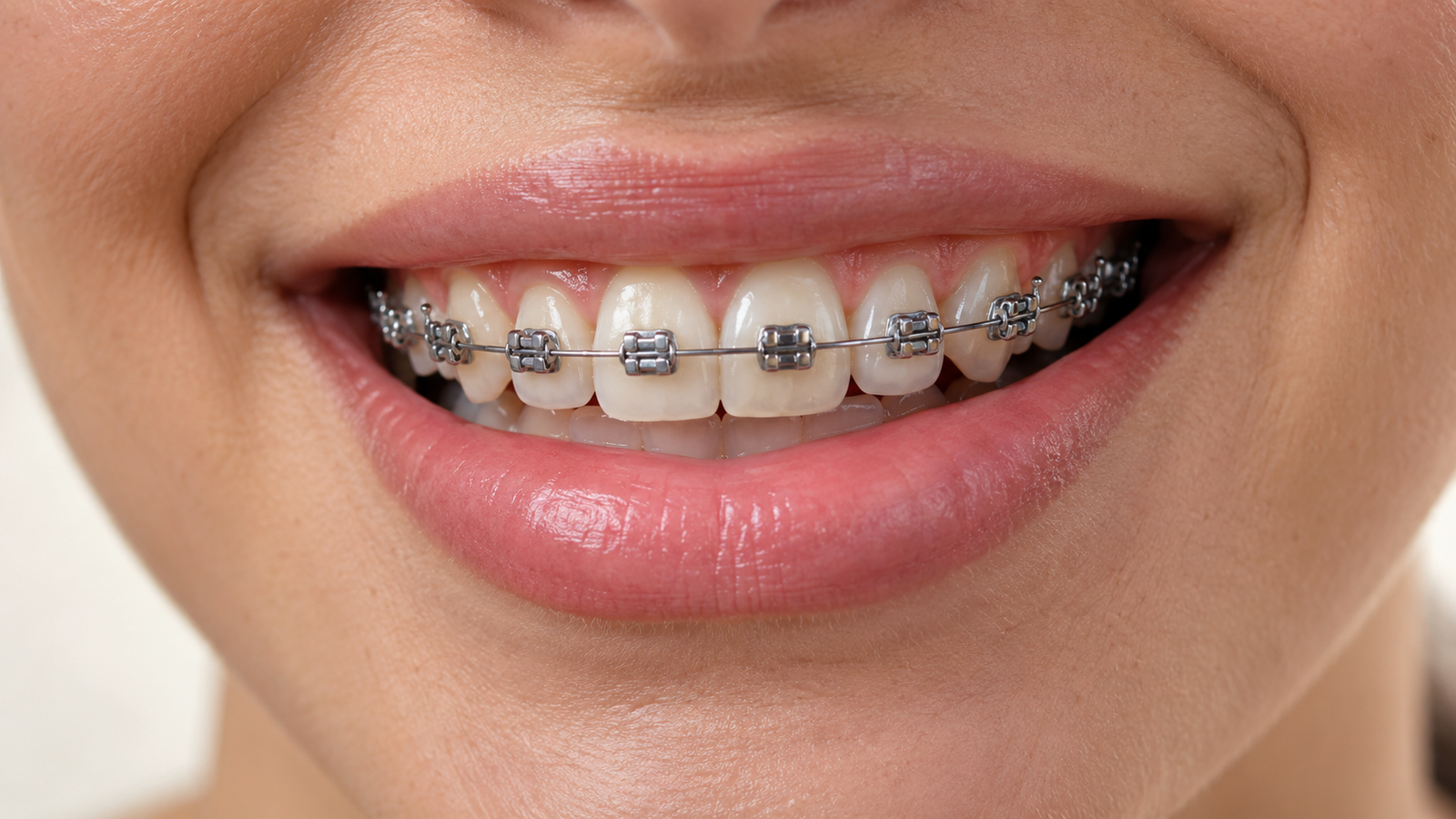 Sorriso com aparelho ortodôntico fixo metálico