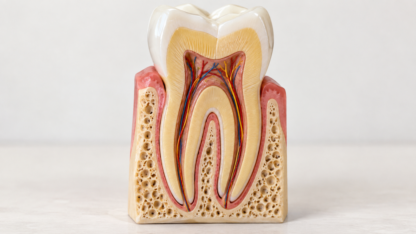 Modelo anatômico de dente em corte mostrando raiz e canais internos