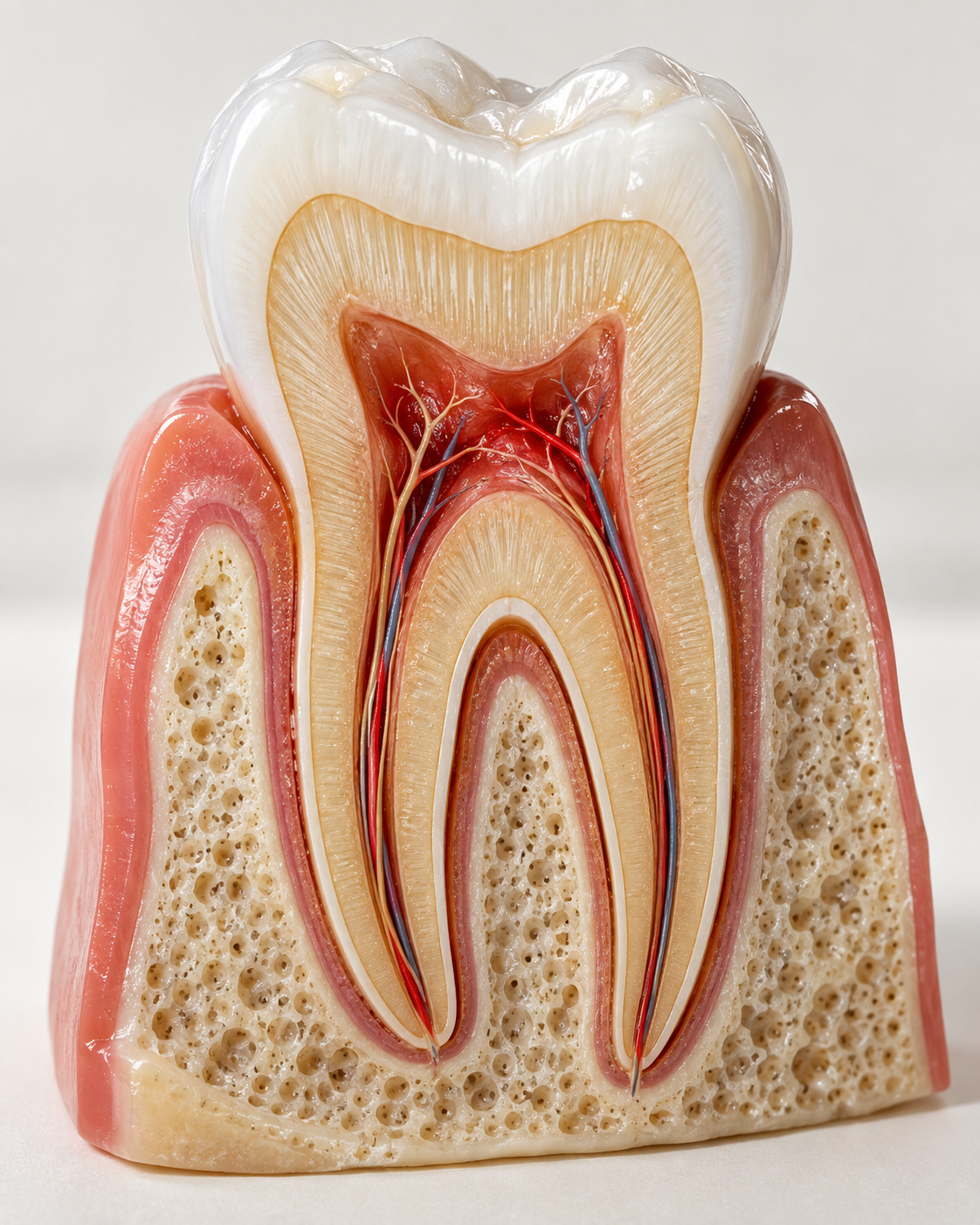 Dente em corte mostrando polpa inflamada avermelhada