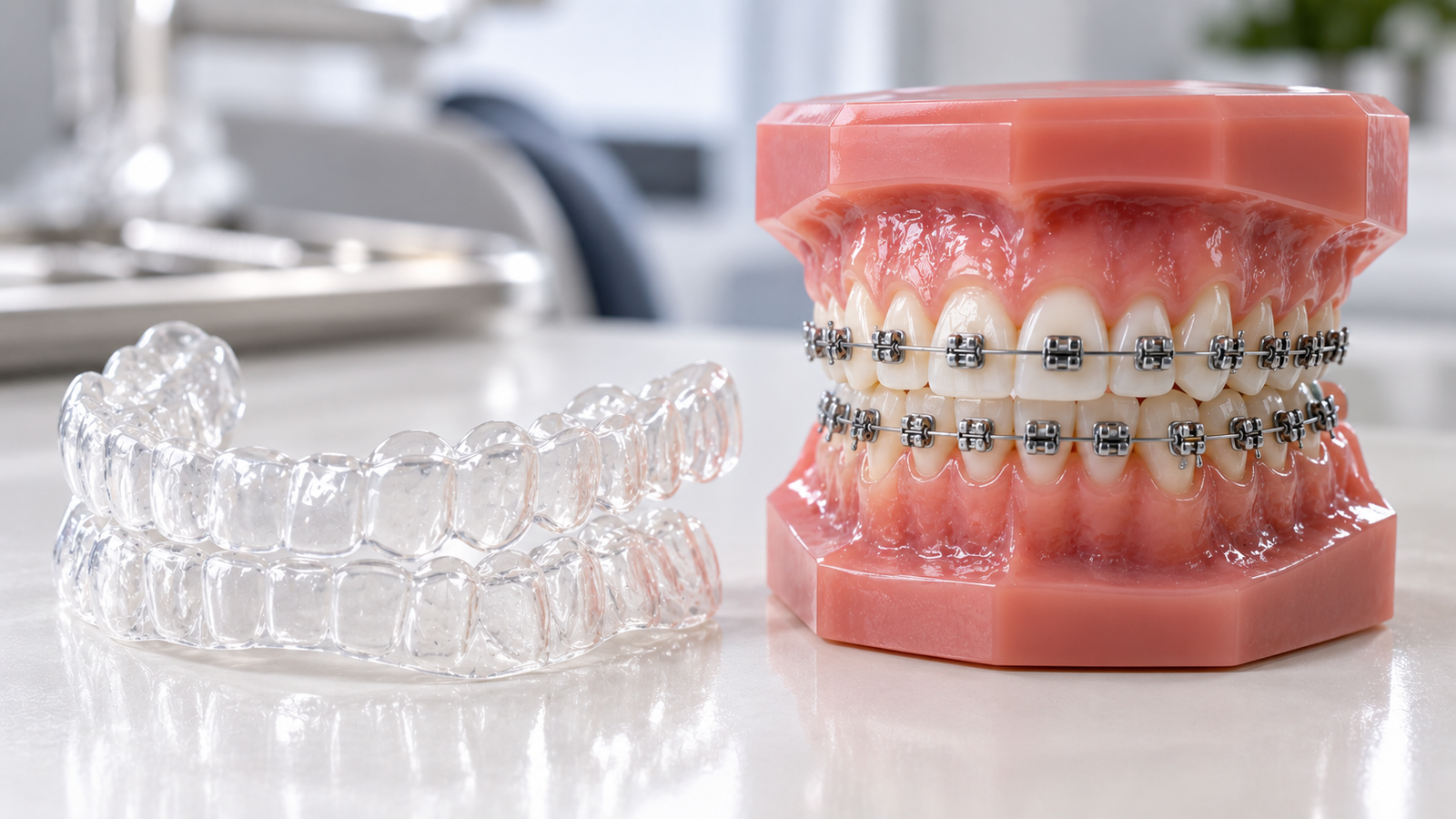 Alinhador invisível transparente ao lado de modelo com aparelho fixo metálico — Milano Odontologia, Americana-SP