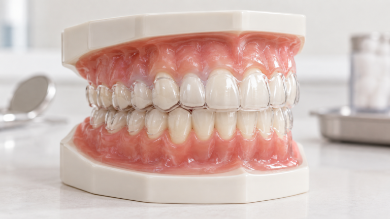 Modelo dentário com alinhador invisível transparente encaixado — Milano Odontologia, Americana-SP