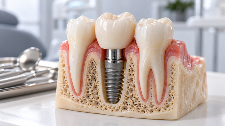 Modelo de implante dentário em corte, em consultório — Milano Odontologia, Americana-SP