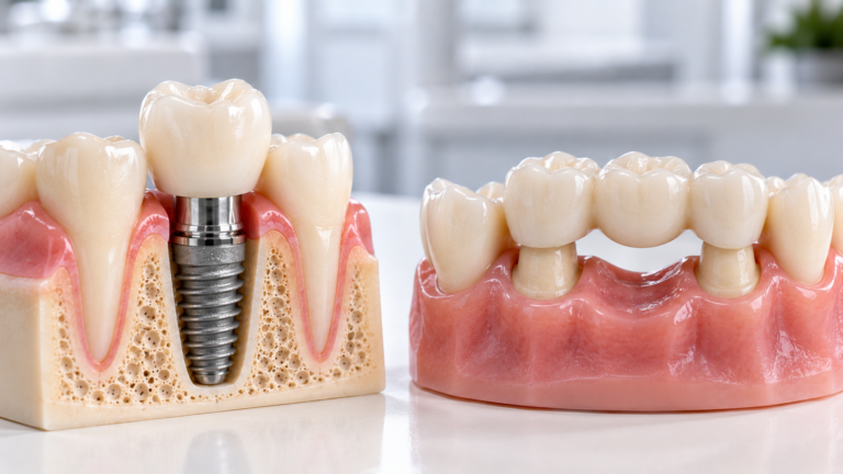 Modelo de implante dentário ao lado de modelo de ponte fixa — Milano Odontologia, Americana-SP