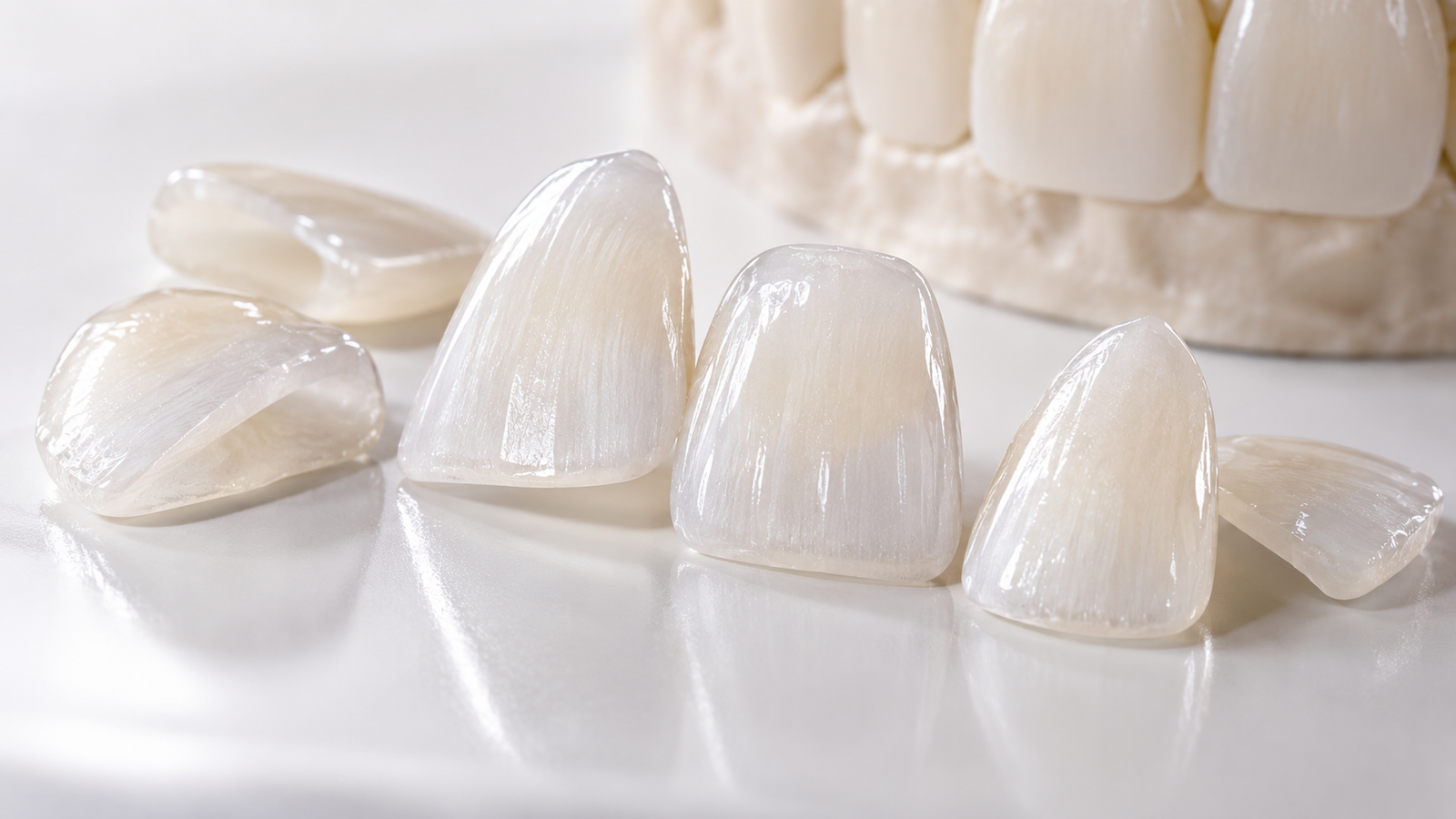Lâminas de porcelana sendo posicionadas sobre modelo de dentes — Milano Odontologia, Americana-SP