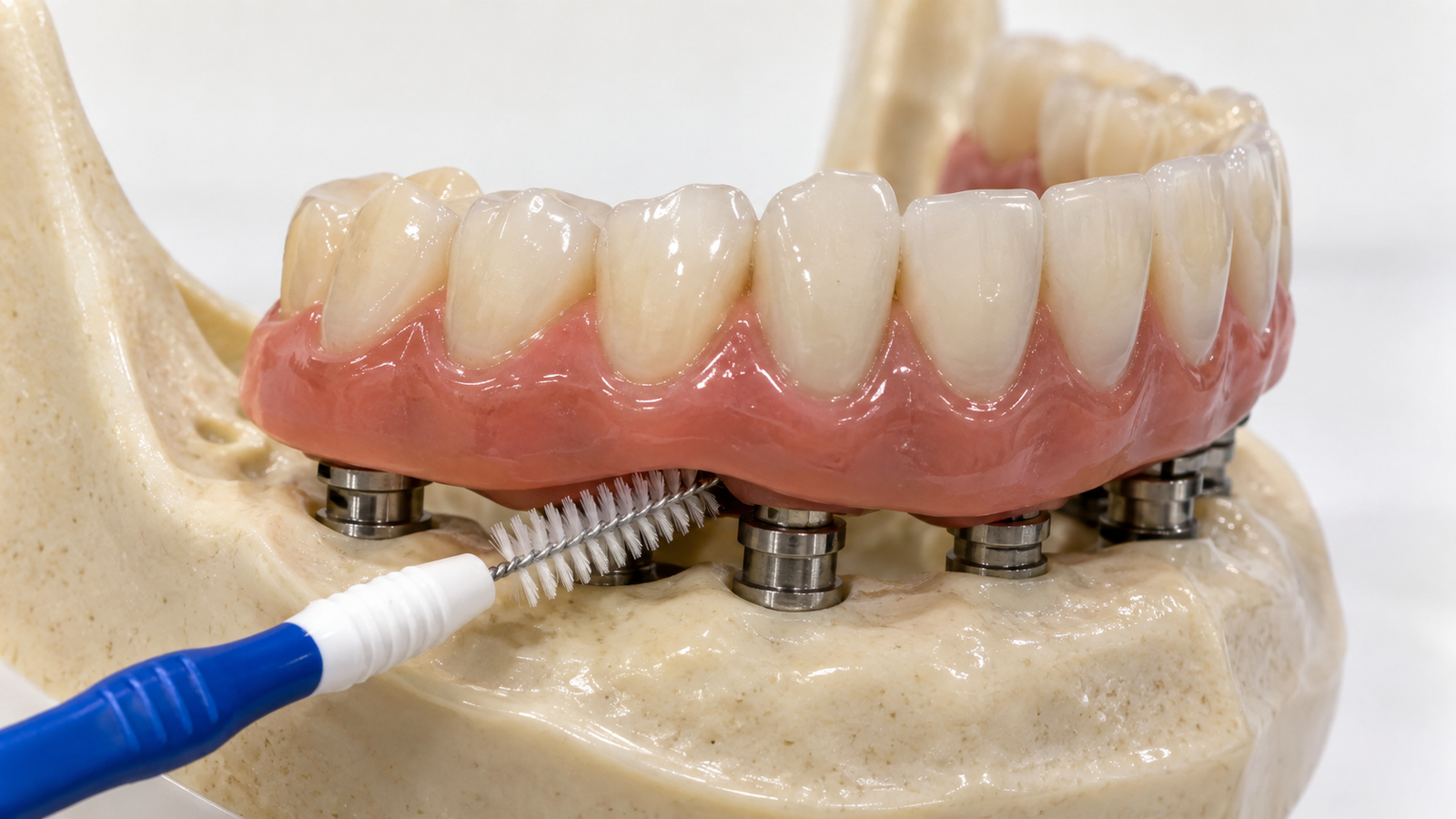 Prótese protocolo sobre implantes sendo higienizada com escova interdental — Milano Odontologia, Americana-SP