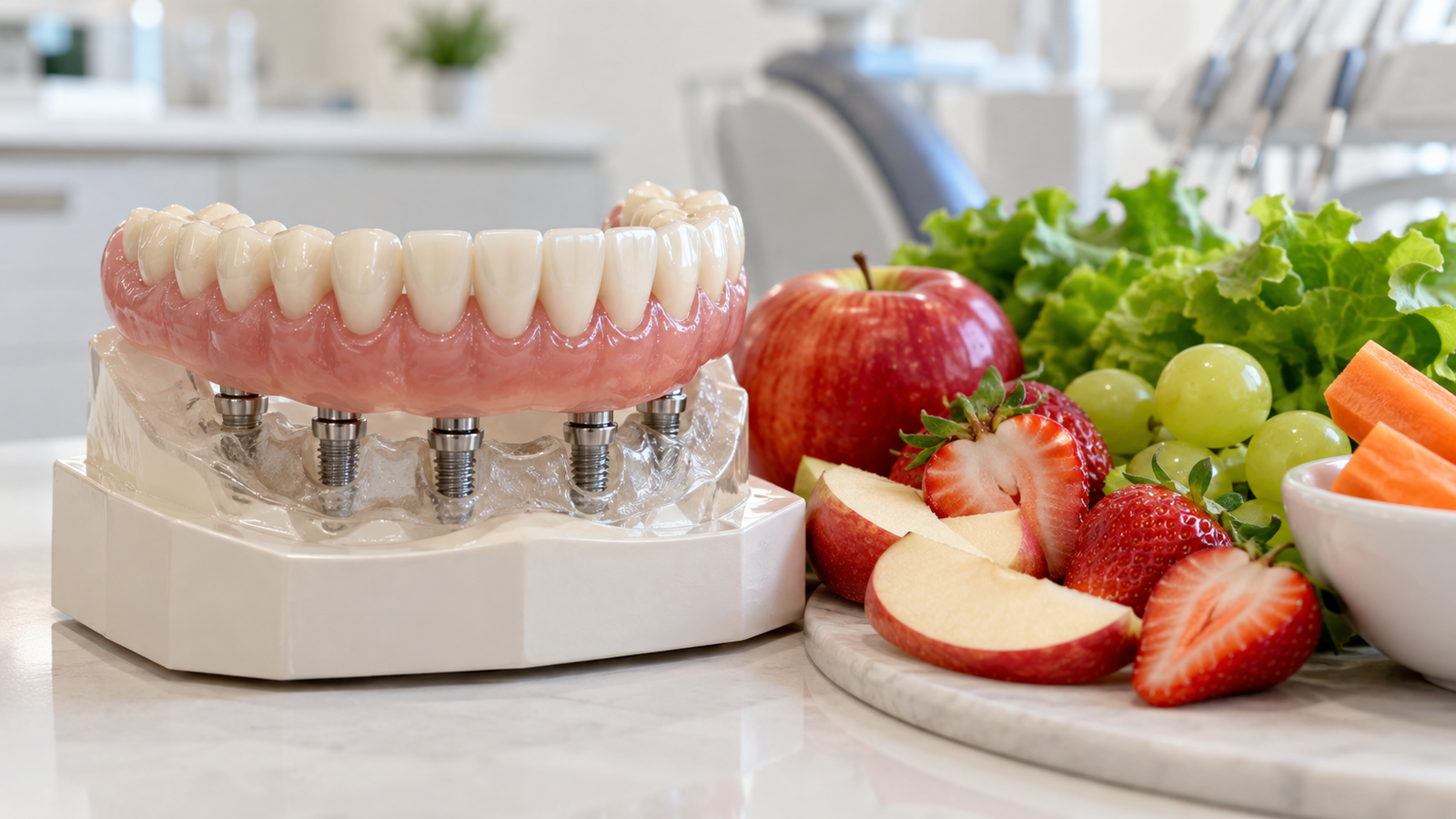 Prótese protocolo em modelo ao lado de frutas e alimentos saudáveis — Milano Odontologia, Americana-SP