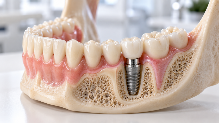 Modelo de mandíbula em corte mostrando osso e implante dentário — Milano Odontologia, Americana-SP