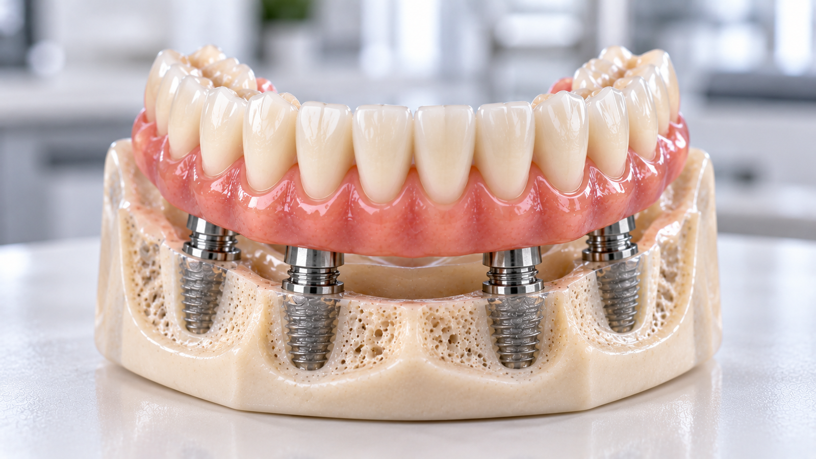 Prótese protocolo sobre quatro implantes em modelo — Milano Odontologia, Americana-SP