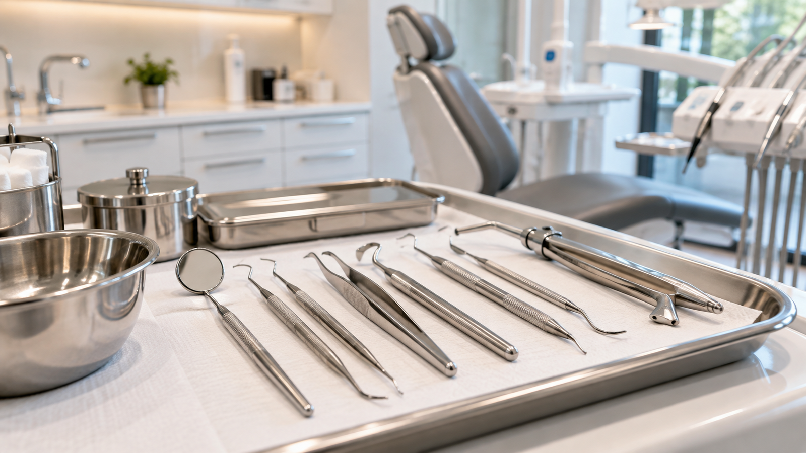 Instrumentos odontológicos organizados em consultório moderno — Milano Odontologia, Americana-SP
