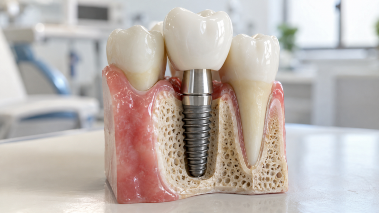 Modelo de implante dentário em corte anatômico no osso — Milano Odontologia, Americana-SP