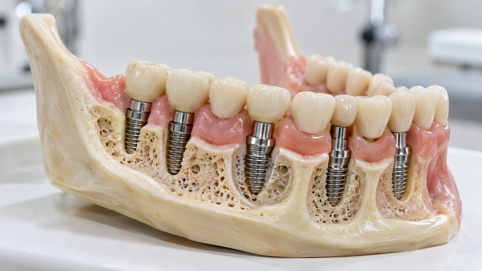 Modelo de mandíbula com vários implantes dentários — Milano Odontologia, Americana-SP