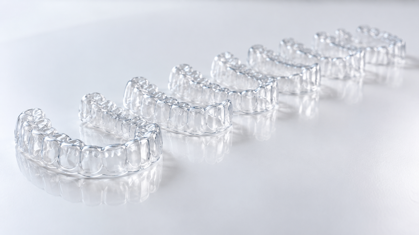 Sequência de alinhadores invisíveis transparentes em fileira — Milano Odontologia, Americana-SP
